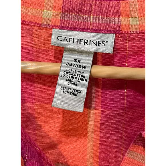 Catherine’s Linen Top Women 5X Pink Orange Metallic Plaid Button Up Lightweight - Picture 2 of 7